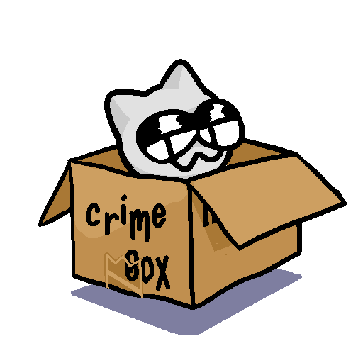 a weird looking cartoon cat in a cardboard box with the words crime box written on it that's hovering suspiciously